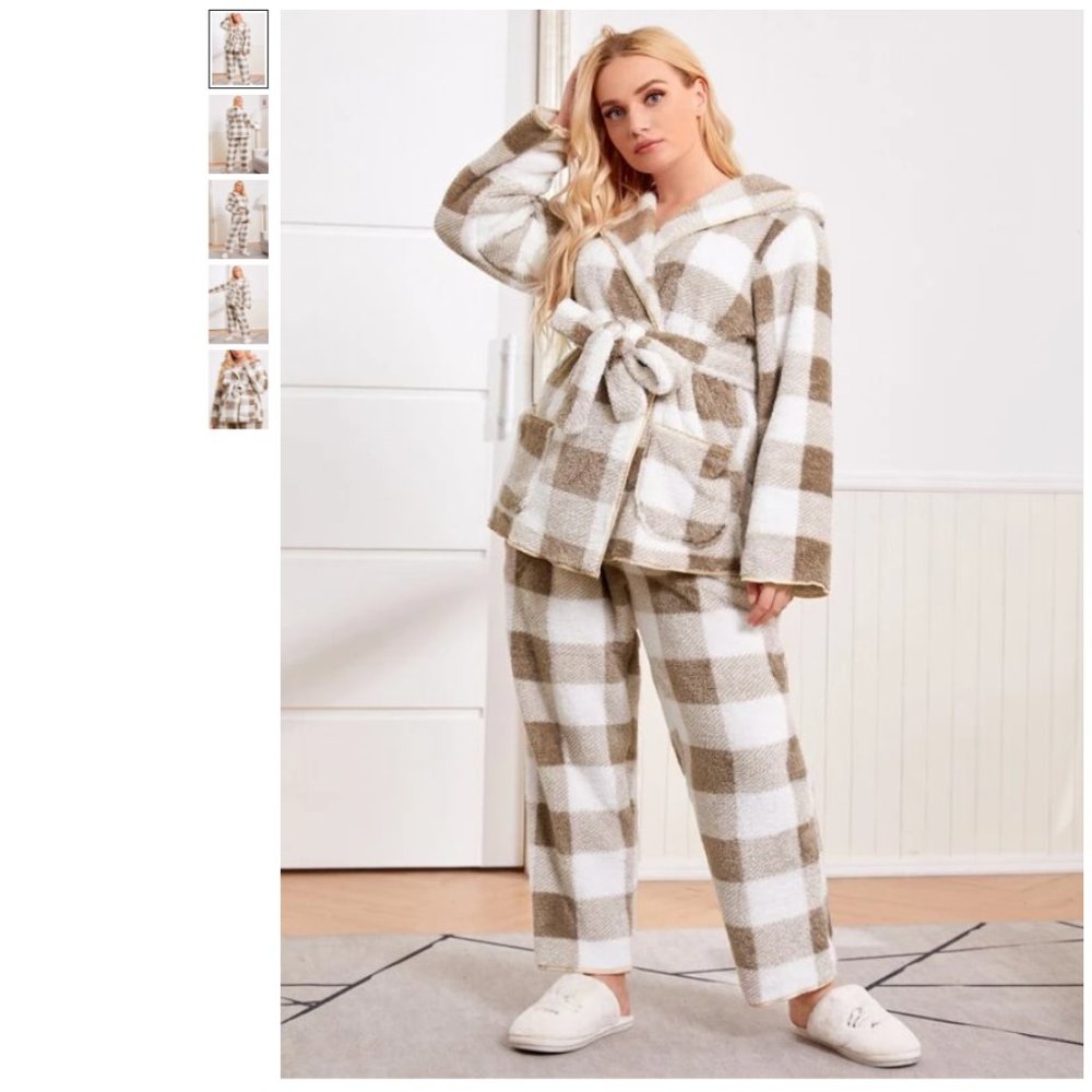 Plus Buffalo Plaid Belted Flannel Pajama Set